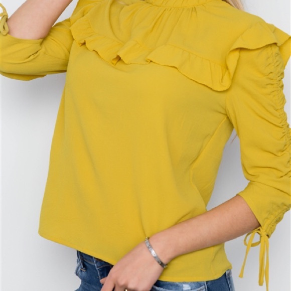 NWT Mustard Yellow Ruffle + ruched sleeve blouse - Picture 5 of 7